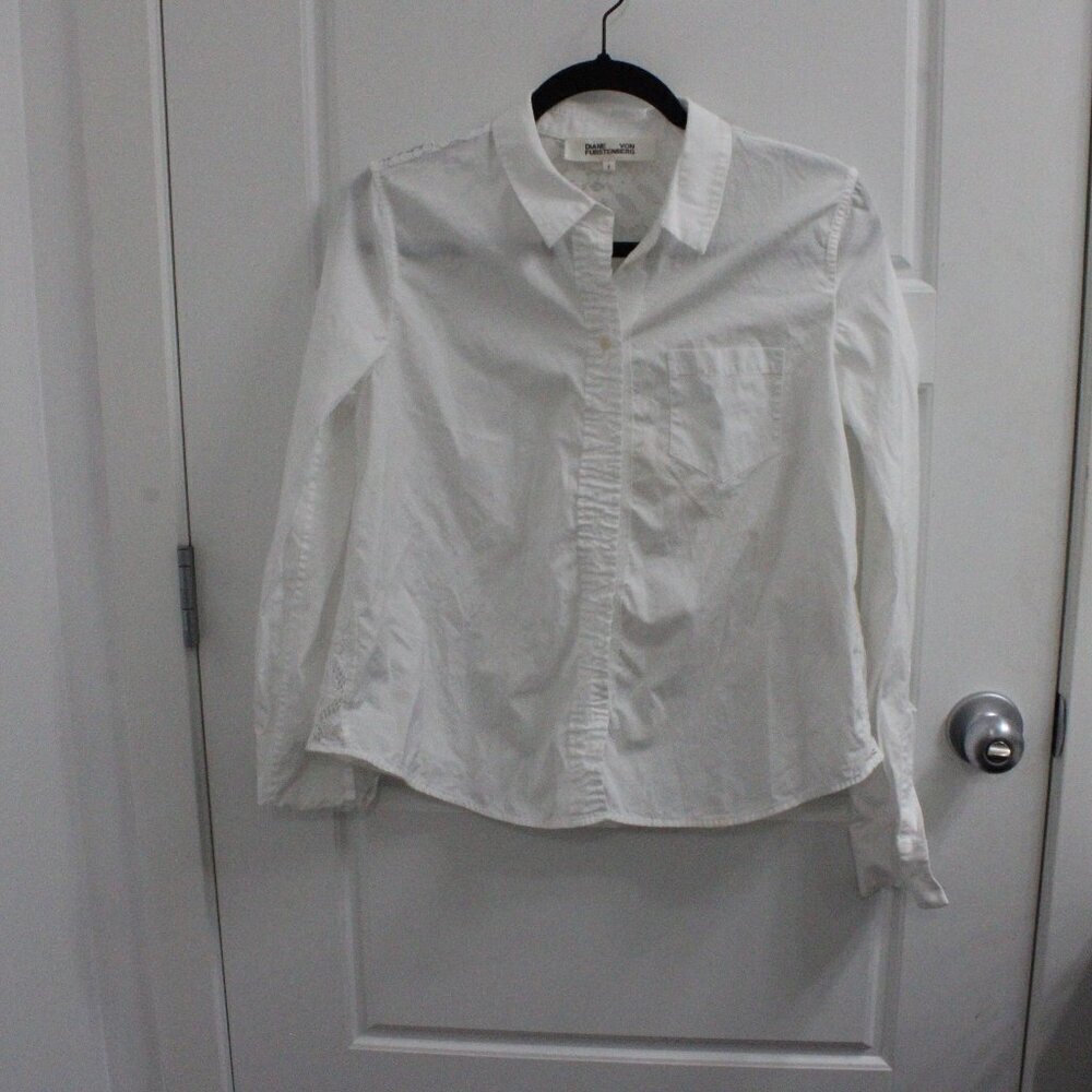 Diane Von Furstenberg DVF Button‎ Down Lace Back Long Sleeve Shirt White Size 6